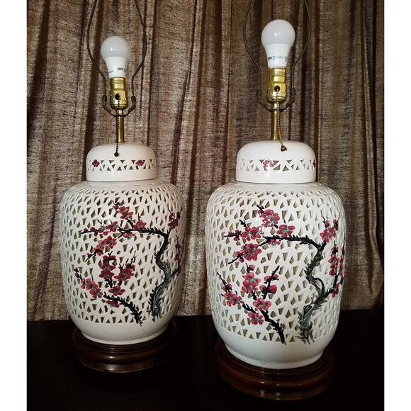 Chinese Porcelain Cherry Blossom Blanc de Chine Pierced Table Lamp Base - Picture 3 of 10